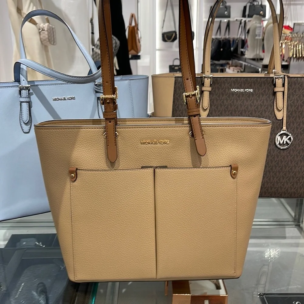 MICHAEL KORS JET SET TRAVEL MEDIUM DOUBLE POCKET TOTE NON-LEATHER VEGAN  CAMEL